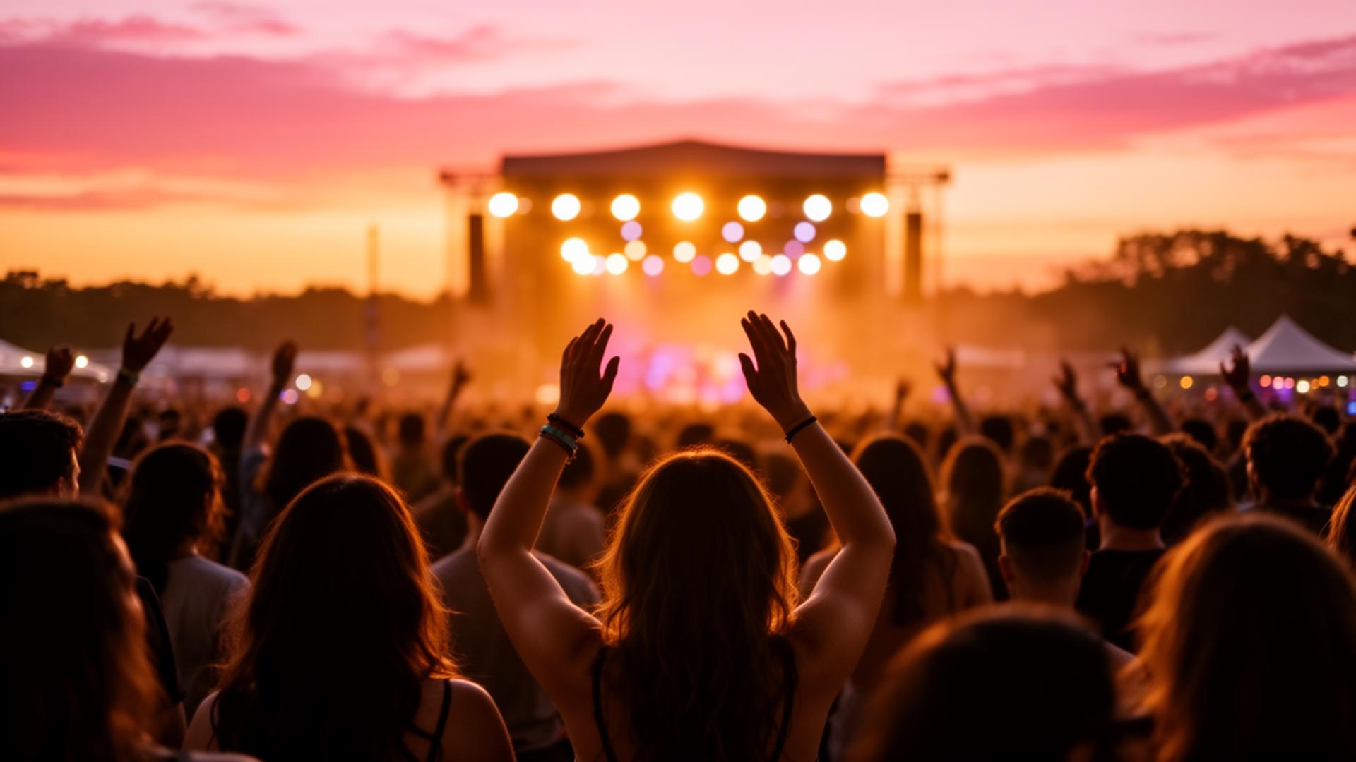 Festival crowd at sunset